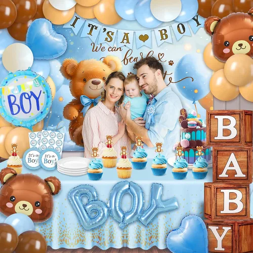 Miniatura 9 de Decoraciones de oso para baby shower, 80 globos, 4 bloques de grano de madera con letra, telón de fondo con texto en inglés "We can bearly wait