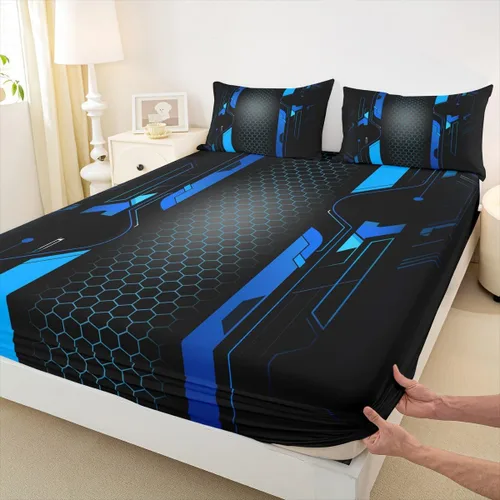 Miniatura 10 de Manfei Sábana bajera ajustable de panal rojo, tamaño matrimonial, juego de ropa de cama hexagonal geométrica de 3 piezas para decoración de Multi 07