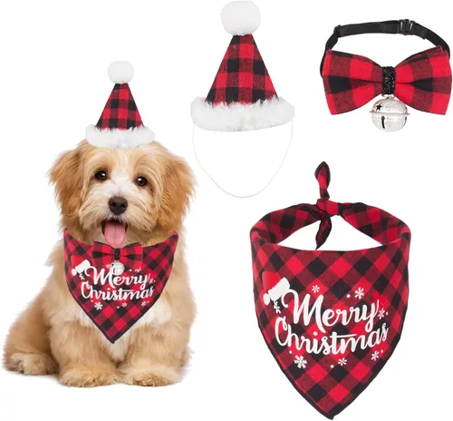 Miniatura 18 de ADOGGYGO Juego de bandana de Navidad para perro, sombrero y pajarita, clásica a cuadros rojos, bufanda de Navidad para mascotas, disfraz de Navidad