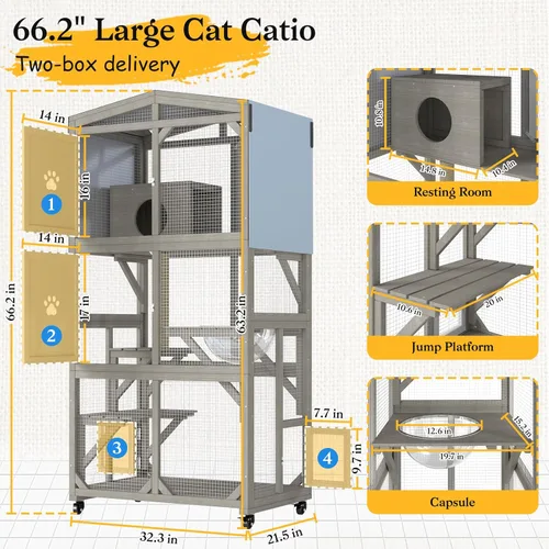 Miniatura 7 de Catio - Caja para gatos de 66.2 pulgadas con ruedas y acceso a la ventana, casa grande para gatos al aire libre para balcón, patio, jaula de madera