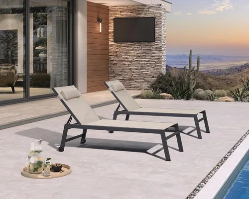 Miniatura 3 de PURPLE LEAF Juego de sillas de lounge al aire libre de gran tamaño de 3 piezas para patio, tumbona para piscina, estructura de aluminio con mesa