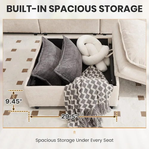 Miniatura 6 de Sofá Seccional Modular en Forma de L de 100", Sofá con Almacenamiento Otomano, Sofá Nube de Chenilla con Asientos Profundos y Mullidos para Sala
