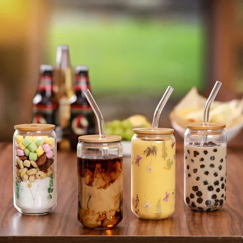Miniatura 4 de Paquete de 2 vasos de vidrio con tapas y pajitas de bambú de 16 onzas, regalos para mujeres, juego de vasos para beber, café helado, taza de té