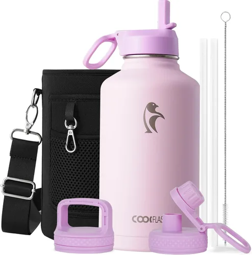 Miniatura 106 de Coolflask Botella de agua de 20 onzas aislada con pajilla, 3 tapas de metal de acero inoxidable, botella de agua de boca ancha para deportes u