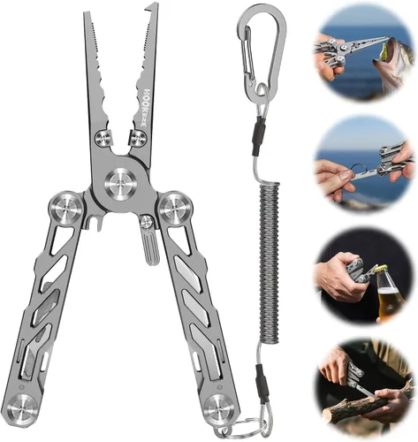 Miniatura 7 de HOOK-EZE Alicates de pesca plegables, multiherramienta 5 en 1 resistente al agua salada con cortadores de línea de tungsteno, removedor de ganchos