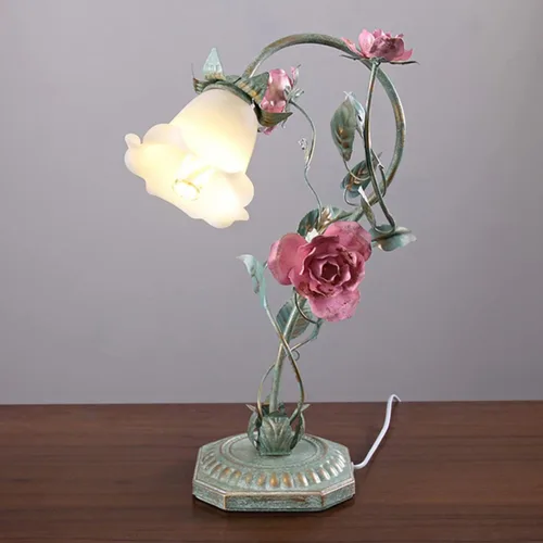 Meefad Lámpara de mesa floral, elegantes lámparas de mesita de noche con pantalla de cristal, luz nocturna para niñas para escritorio pequeño,