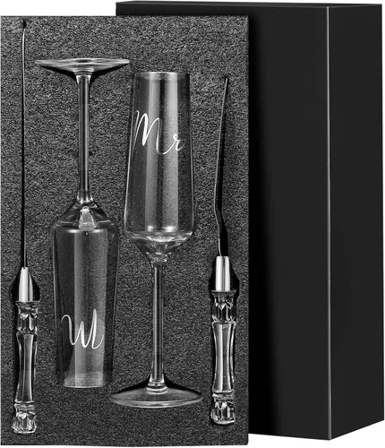 Miniatura 2 de Boao Juego de 4 Copas de Brindis de Boda y Servidor de Pastel, Suministros para Recepción de Boda, Copas de Champán, Cuchillo para Pastel, Servidor