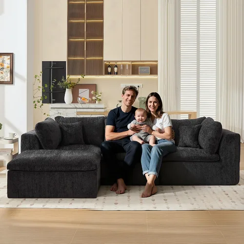 Miniatura 8 de STHOUYN Sofás Seccionales Modernos Negros de 114" sin Estructura para Sala de Estar, Sofá Nube Modular Negro en Forma de L con Otomana, Cómodo Sofá