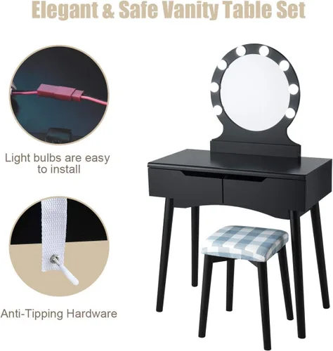 Miniatura 6 de Set de mesa de tocador Giantex con 8 bombillas y interruptor táctil, mesa de maquillaje para niñas princesa con espejo redondo grande, 2 cajones