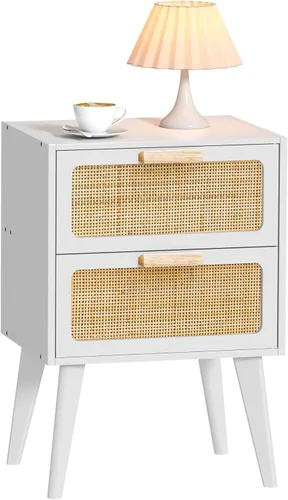Miniatura 10 de YAUKOMEL Mesita de noche negra, mesita de noche moderna de mediados de siglo, mesita de noche acanalada con 2 cajones, mesa auxiliar con patas
