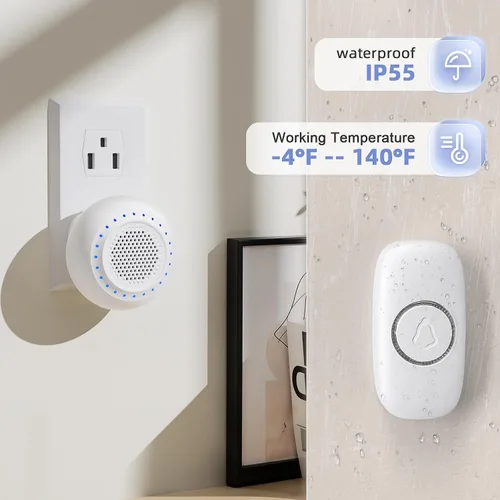 Miniatura 5 de Timbre inalámbrico, kit de timbre PHYSEN con 1 transmisor, 1 receptor, resistente al agua, funciona a 1000 pies, 32 tonos de timbre, 4 niveles