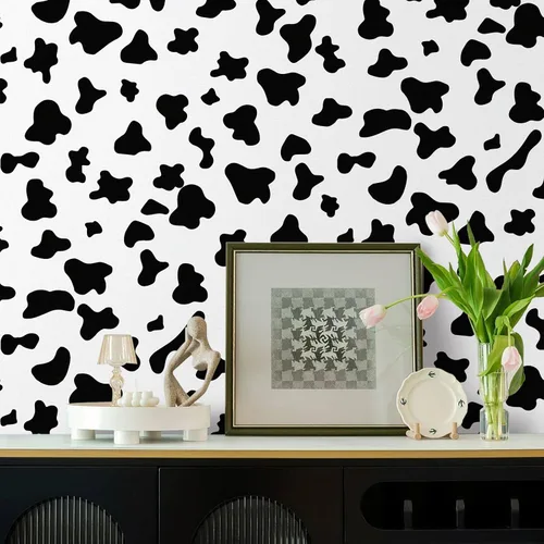 Miniatura 9 de Papel de contacto con puntos blancos y negros, papel tapiz con diseño de vaca para despegar y pegar, autoadhesivo, lindo papel de pared extraíble