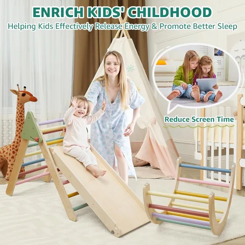Miniatura 6 de Juego de triángulos Pikler 3 en 1, juego de juguetes de escalada triangulares Pikler para niños pequeños, juguetes de escalada de madera para niños