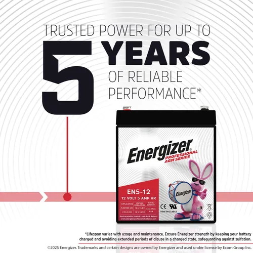 Miniatura 4 de Energizer EN5-12 - 2 unidades - 12 voltios 5 amp hr, batería recargable AGM de plomo ácido sellado de larga duración ideal para uso en puertas