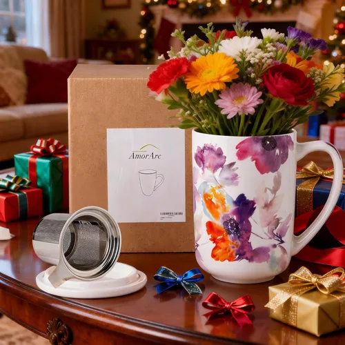 Miniatura 8 de AmorArc Taza de Té de Porcelana con Infusor y Tapas, Taza Grande de 18 Oz con Colador y Soporte para Bolsa para Té de Hojas Sueltas, Taza de Café