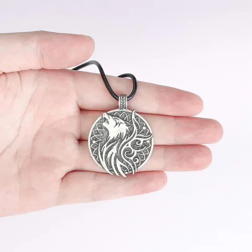 Miniatura 5 de HAQUIL Collar de lobo, colgante redondo de medallón de lobo, cordón de piel sintética, regalo de joyería de lobo para hombres