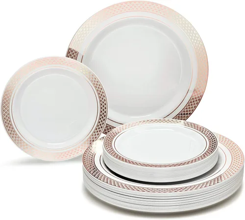 Miniatura 13 de OccasionS - Paquete de 100 platos (50 invitados) Juego de platos de plástico desechables de alta calidad para fiesta de boda, cena de 50 x 10.5