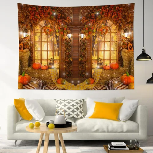 Miniatura 2 de HVEST Tapiz de otoño para colgar en la pared, diseño rústico de calabaza, Acción de Gracias, bosque de arce, paisaje natural para sala de estar