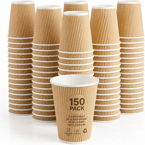 NYHI 150 vasos de papel kraft ondulados de 10 onzas, tazas de café desechables con aislamiento de 3 capas, para capuchino, chocolate caliente o