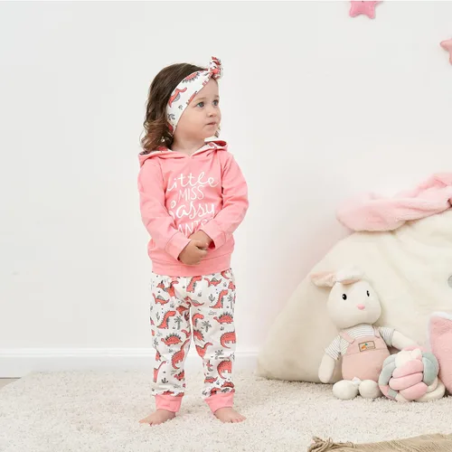 Miniatura 2 de Conjunto de ropa para bebé niña de 3 piezas, manga larga, sudadera con capucha, camisa, pantalones de dinosaurio, diadema