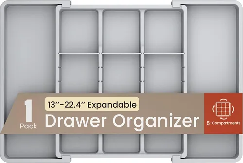 Miniatura 7 de Organizador de cajones de utensilios expandible negro, 1 paquete, ajustable de 13 a 22.4 pulgadas, organizador de cubiertos de 5 compartimentos