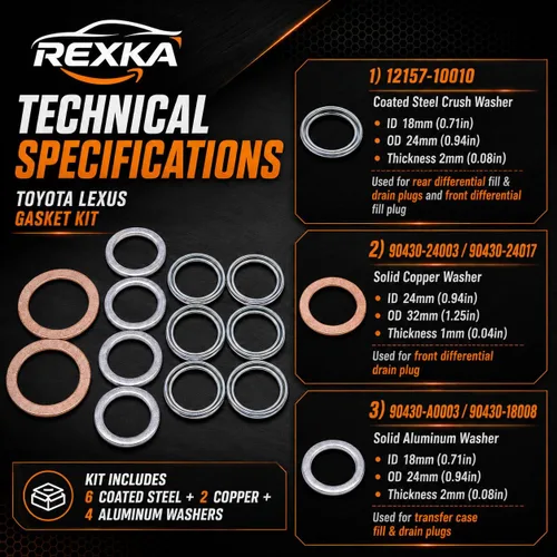 Miniatura 4 de Rexka Kit de juntas de servicio diferencial y de transferencia de 12 piezas compatible con Toyota Lexus 4Runner Land Cruiser Tundra Tacoma FJ