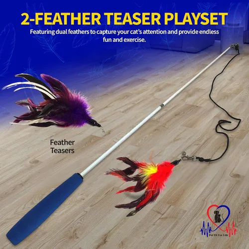 Miniatura 7 de Pet Fit For Life Juguetes de varita de plumas para gatos, juguete interactivo para mascotas de interior, 2 accesorios de plumas, promueve la salud