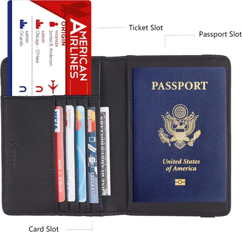 Miniatura 4 de Casmonal Funda para pasaporte con bloqueo RFID de cuero, porta tarjetas, organizador de documentos de viaje.