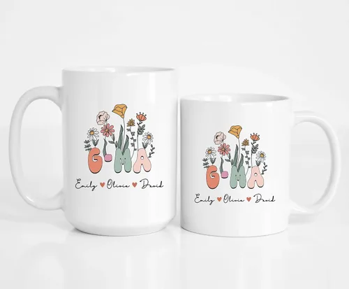 Taza G-Ma con nombres de nietos, taza personalizada G-Ma, taza G-Ma personalizada, taza con nombre floral, nuevo regalo G-Ma, taza de regalo de