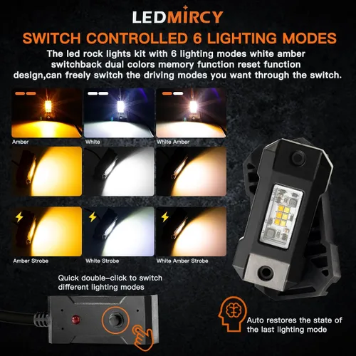 Miniatura 2 de LEDMIRCY Switchback Kit de Luces LED para Rocas Blanco/Ámbar Estroboscópicas con Arnés de Cableado 8 Módulos 6 Modos Función de Reinicio Función