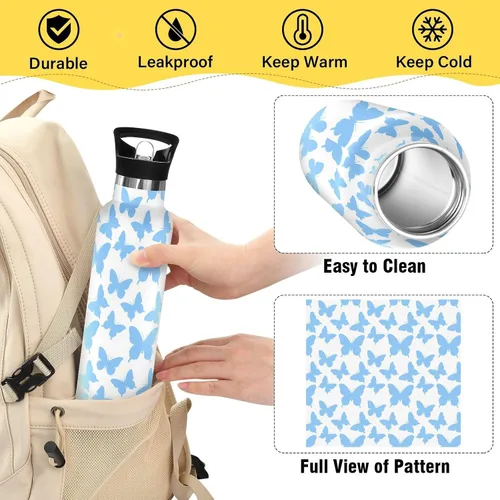 Miniatura 4 de BPA-Free Leak Proof Sports Water Bottle with Straw Lid Fashion Blue Butterfly White Vacuum Insulated for Travel and Sports botellas de acero
