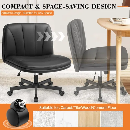 Miniatura 4 de FelixKing Silla Criss Cross con Ruedas, Silla de Oficina con Patas Cruzadas, Silla de Escritorio Ancha sin Brazos con Cuero PU Cómodo y Respaldo