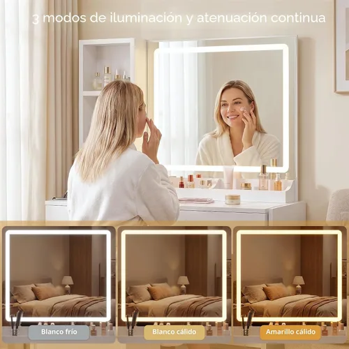 Miniatura 4 de FUXA Escritorio de tocador con espejo de luces LED y estación de carga, mesa de tocador de maquillaje con cajones de almacenamiento, armario