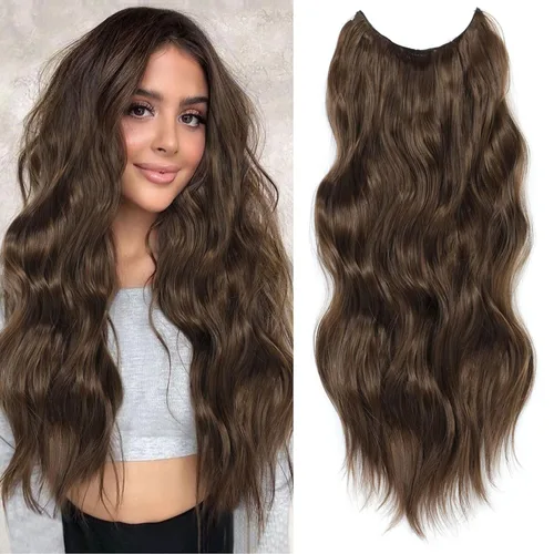 Miniatura 26 de Extensiones de cabello con halo de 12 pulgadas con alambre invisible, cabello largo ondulado ajustable, sintético, mejora con 4 clips de seguridad