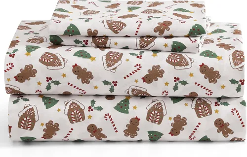 Miniatura 5 de Juego de sábanas de microfibra de bolsillo profundo de 4 piezas con diseño navideño de muérdago y flor de pascua, tamaño completo, verde rojo blanco