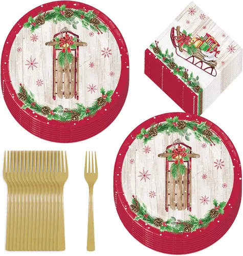 Miniatura 11 de Suministros para fiestas navideñas - Platos de postre de papel, servilletas para bebidas y tenedores de aldea navideña de invierno (para 16 personas)