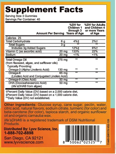 Miniatura 2 de Omega Plus DHA, para adultos y niños, sabor a limón -120 gomitas - Omega 3, 6, 9 y DHA - Promueve la salud del cerebro y el corazón - Veggie - 40