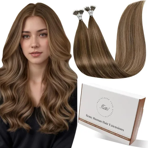Miniatura 31 de Hetto Extensiones de cabello humano con nano cuentas, balayage, extensiones de cabello humano, color negro degradado a plateado, extensiones