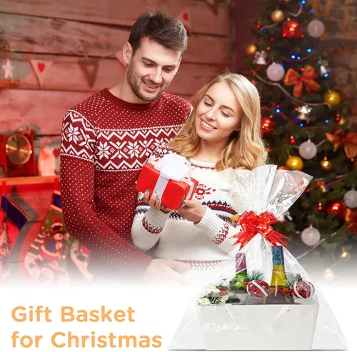 Miniatura 4 de Tuanse 30 Piezas Canasta para Regalo Vacía Kit de Cesta de Regalo DIY a Granel con Asa Bandeja de Cartón Kraft con 30 Bolsas 30 Lazos Bandeja