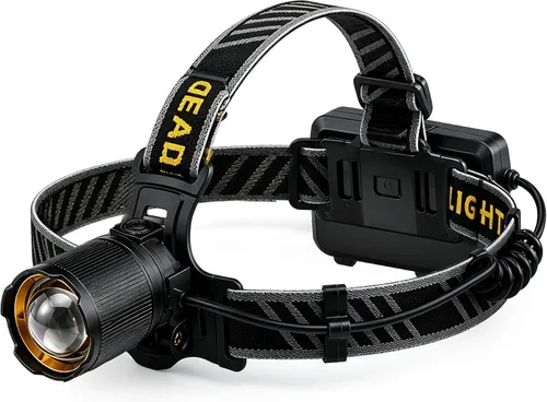 Miniatura 8 de Linterna frontal LED recargable, 2000 lúmenes, ajustable a 90°, impermeable IP68, 5 modos de luz con sensor, zoom, cable de carga USB y clips