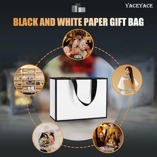 Miniatura 7 de Pequeñas bolsas de regalo blancas y negras a granel, 10 piezas de 8"x3.75"x6" bolsas de papel blanco y negro con asa de cinta, mini bolsas de regalo