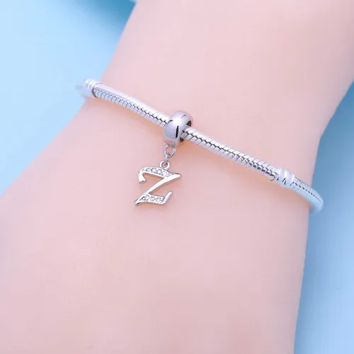 Miniatura 113 de ABUN Abalorio de plata de ley 925 con letra A a la Z, espaciador de inicial, con circonita cúbica transparete colgante, auténtica, para pulseras