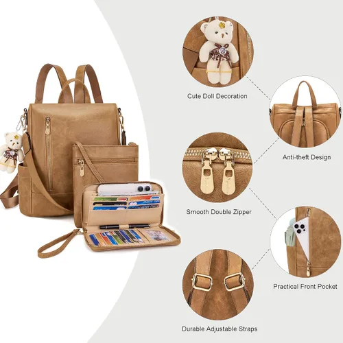 Miniatura 4 de Soperwillton Mochila de moda para mujer, bolso de hombro de cuero antirrobo, bolsa de viaje, múltiples bolsillos, cartera, juego de 3 piezas