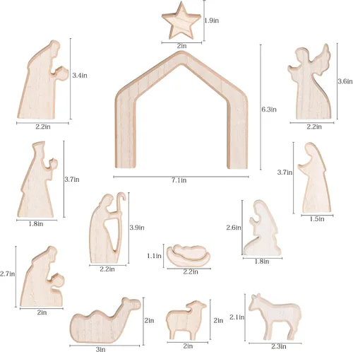 Miniatura 3 de NEROSUN - Juego de escenas de la Natividad, 13 figuras de madera en miniatura de la Sagrada Familia y el pesebre, figuras minimalistas, bohemias