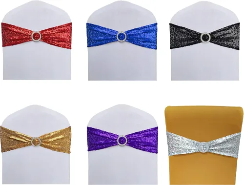 Miniatura 4 de Fajas para sillas de lentejuelas de alta elasticidad con brillantes y suaves, material de lentejuelas brillantes, lazos para sillas de fiestas