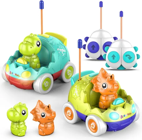 AEROQUEST Coche de Control Remoto para Niños Pequeños Juguetes para Niños de 18+ Meses Coches RC con Luces LED y Música Juguetes de Dinosaurio para