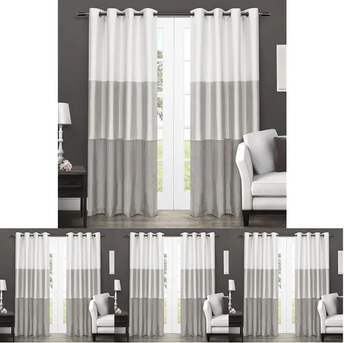 Miniatura 15 de Par de paneles de cortinas Exclusive Home Chateau a rayas de seda sintética con ojales en la parte superior, 54 x 84 pulgadas, Azul Verde Verde