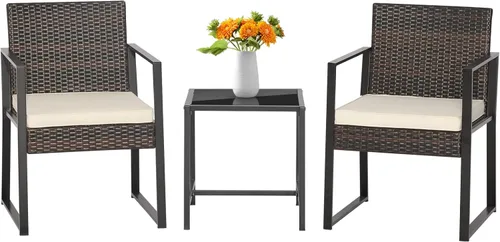 Tangkula Juego de muebles de patio de 3 piezas, moderno y resistente para todo tipo de clima, sillas de mimbre y mesa auxiliar, adecuado para porche