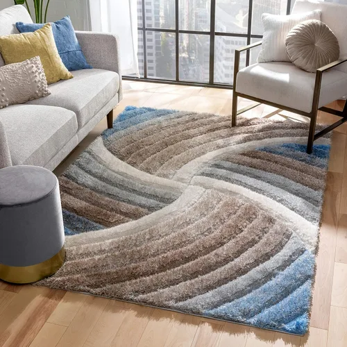 Miniatura 9 de Tapete peludo de felpa suave con textura en 3D, diseño de rayas geométricas, color azul y gris, grueso y suave