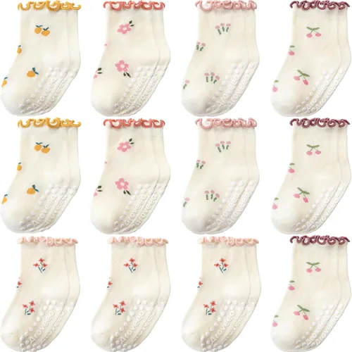 Miniatura 8 de Calcetines antideslizantes para bebés y niñas pequeñas, con volantes, de algodón, lindos, paquete de 12 unidades, para niños de 6 meses a 7 años